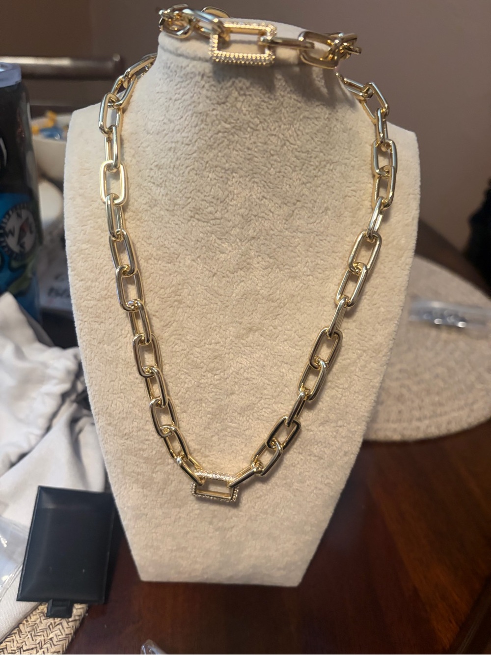 Gold Chain Link Necklace and Bracelet Set with Pave Rectangle Accent - Picture 2 of 5